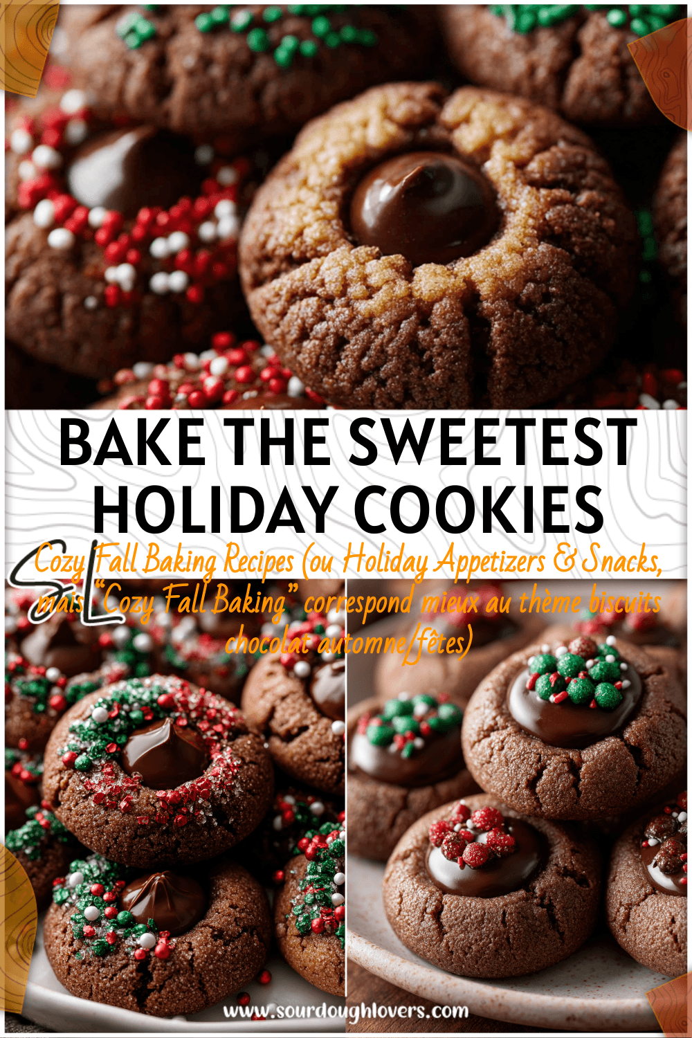 Plate of Chocolate Thumbprint Cookies decorated with chocolate centers and festive sprinkles for Christmas Baking.